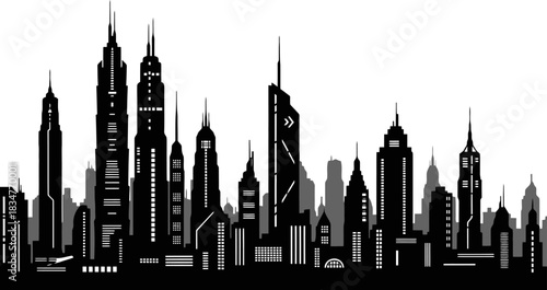 Expansive modern megacity skyline silhouette featuring distinct layered building depth and architectural variety ideal for urban development and city planning concepts
