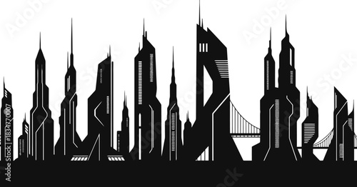 Panoramic futuristic cityscape silhouette showcasing advanced sci fi architecture with sharp geometric designs and a vibrant high tech urban landscape