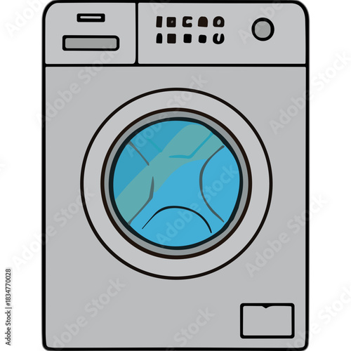 Front Load Washing Machine With Blue Glass Door And Silver Body In A Minimalist Style On A Black Background