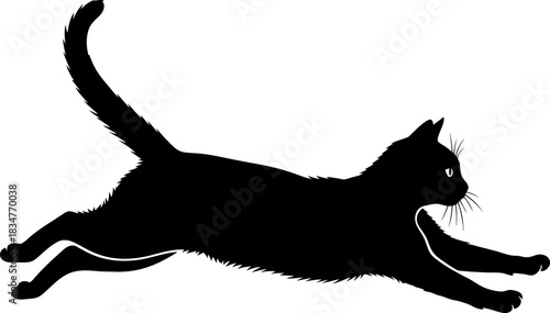 Dynamic flat graphic silhouette of a running cat in a vibrant cmyk color palette on a clean white background ideal for diverse design applications