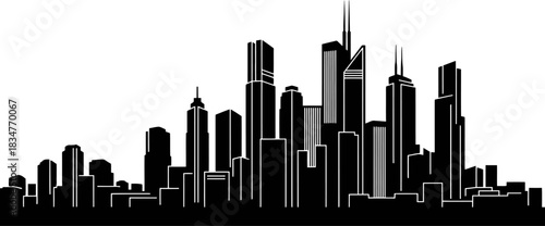 Sleek and modern city skyline silhouette featuring a collection of tall minimalist skyscrapers with clean straight architectural lines against a neutral background perfect for urban design projects