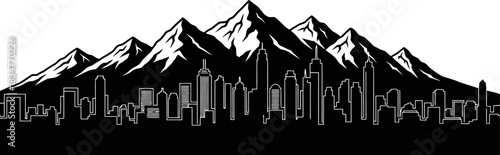 Majestic mountain range overlooking a vibrant city skyline blending natural beauty with modern urban architecture in a striking silhouette