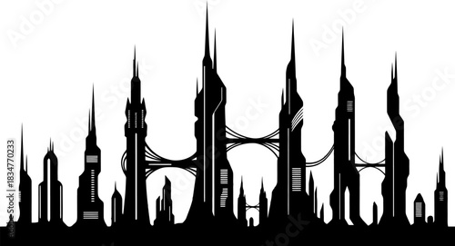 Futuristic city skyline silhouette featuring advanced sci fi architecture with striking geometric and sharp design elements