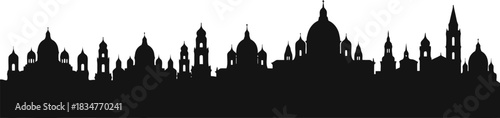 Classic european old city skyline silhouette featuring iconic domes and church towers rendered in a striking black solid fill for versatile design applications