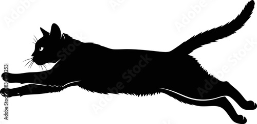 Dynamic running cat silhouette in a flat graphic style perfect for backgrounds and featuring vibrant colors on a transparent canvas