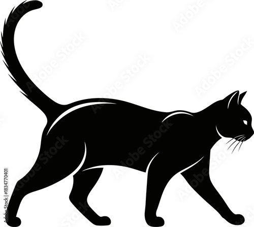 Elegant black cat silhouette walking gracefully with smooth clean vector curves on a white background perfect for design projects