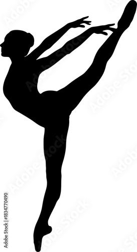 Elegant ballet dancer performing a graceful arabesque pose depicted as a clean black silhouette against a pure white background perfect for artistic and performance related designs
