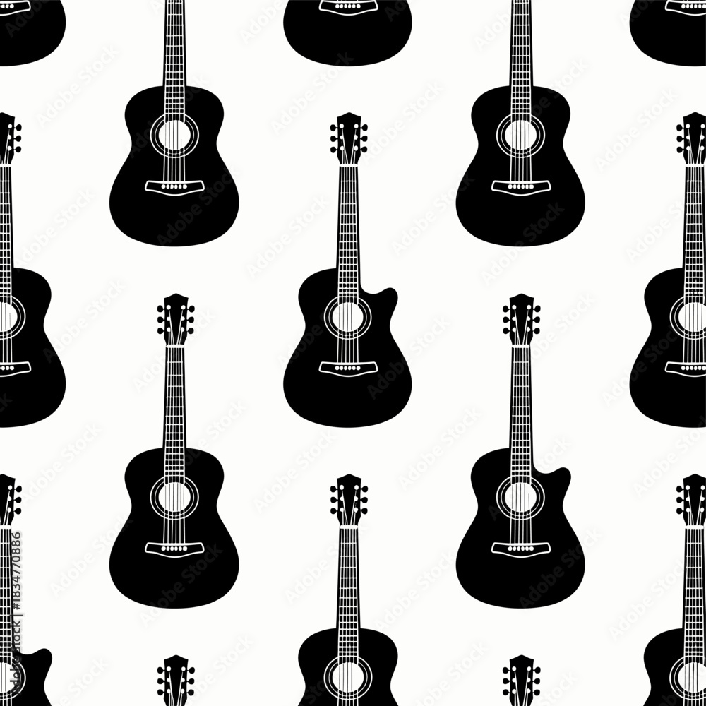 Naklejka premium A black and white pattern featuring multiple guitars arranged in a repeating design, suitable for musical and graphic design contexts.
