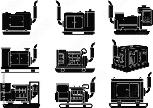 Industrial generator silhouettes, engine units, power equipment grid, exhaust systems, control panels, technical layout, flat vector
