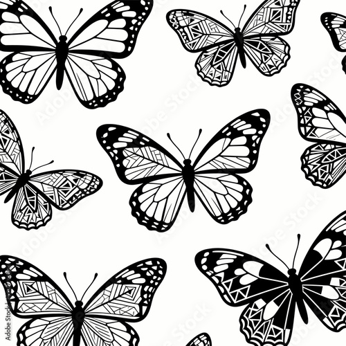 Black and white butterfly pattern featuring detailed and intricate wing designs on a white background.
