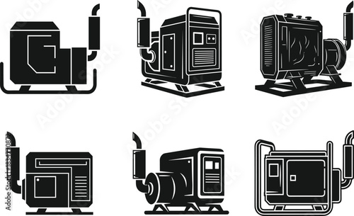 Industrial generator illustration, exhaust pipe detail, mechanical housing, power equipment, shading style, flat vector