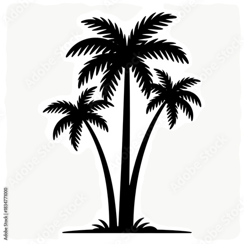 Black silhouette of three palm trees depicting a tropical and serene natural landscape with palm leaves and trunks.