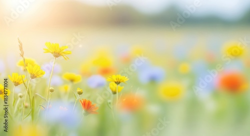 A vibrant field of yellow and blue flowers with a blurred background.