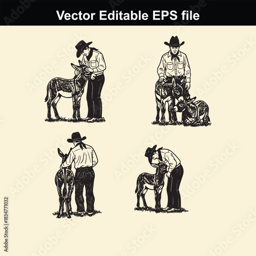 collection of four vector illustrations depicting a cowboy or farmer interacting affectionately with donkeys or mules in various poses, suitable for western or rural themes