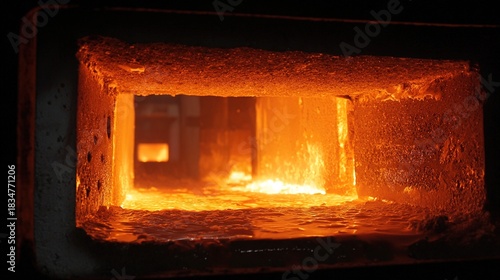 ontology. Industrial furnace observation window showing molten metal with intense glow. safety posters, maintenance manuals, designed for industrial assembly lines and welding operations.