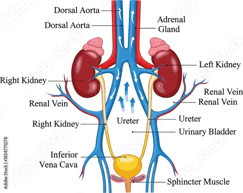 Detailed Vector Diagram of the Human Urinary System, Illustrating the Kidneys, Ureters, and Urinary Bladder, with Associated Blood Vessels including the Dorsal Aorta and Inferior Vena Cava.