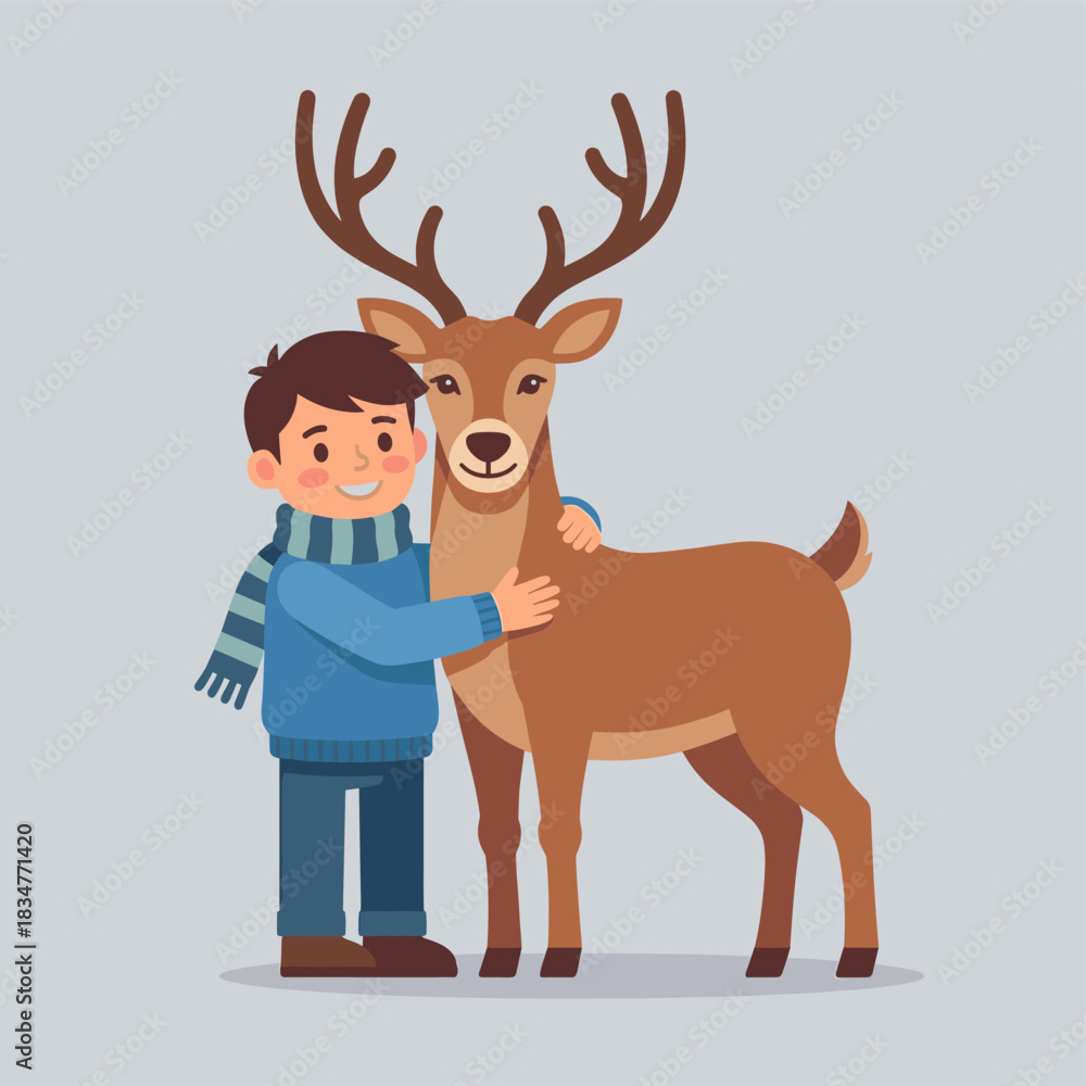 Fototapeta premium A boy in a blue sweater and scarf is hugging a brown deer, creating a friendly and heartwarming scene.