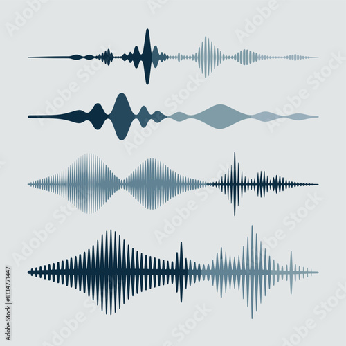 Display of multiple sound wave forms showing different audio characteristics and frequencies.