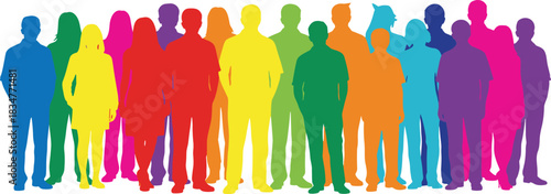 Diverse group of standing people silhouettes in vibrant colors, men and women showing social inclusion, community, or team diversity concept, isolated full-length vector graphic set.