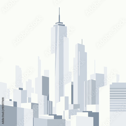 A modern city skyline featuring numerous tall buildings and skyscrapers in a sleek, monochromatic design.
