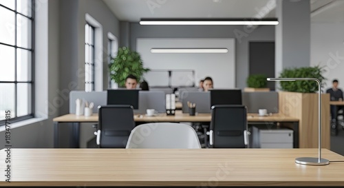 Wallpaper Mural Modern office workspace with wooden desks and black chairs, featuring a white desk lamp and a large window with plants. Torontodigital.ca