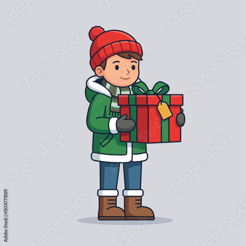 Cartoon character in winter attire holding a large red gift box, depicting a festive and joyful holiday scene.