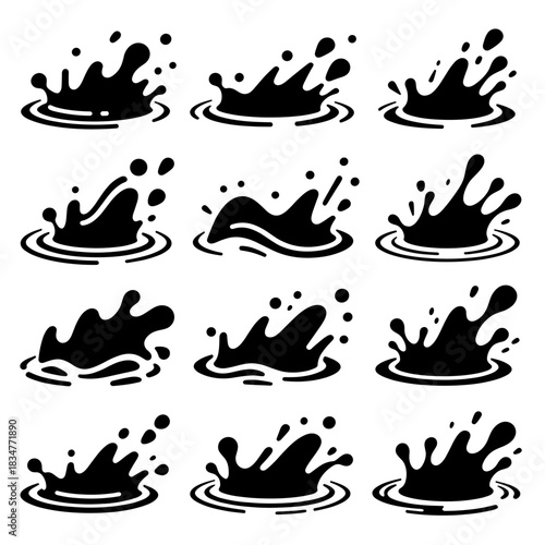 Black water splashes with ripples in different shapes, suitable for various design purposes.
