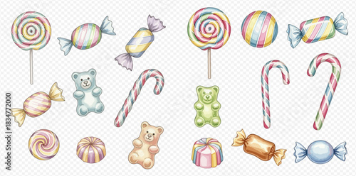 Sweet assortment of watercolor candies with lollipops, gummy bears, wrapped treats, and candy canes on a transparent background.