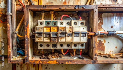 household electrical fuse box blown fuse darkened end tripped breaker home wiring safety inspection failure component plastic residue old installation maintenance risk diagnostic troubleshoot panel