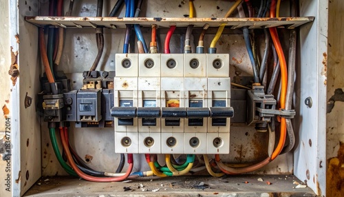 household electrical fuse box blown fuse darkened end tripped breaker home wiring safety inspection failure component plastic residue old installation maintenance risk diagnostic troubleshoot panel