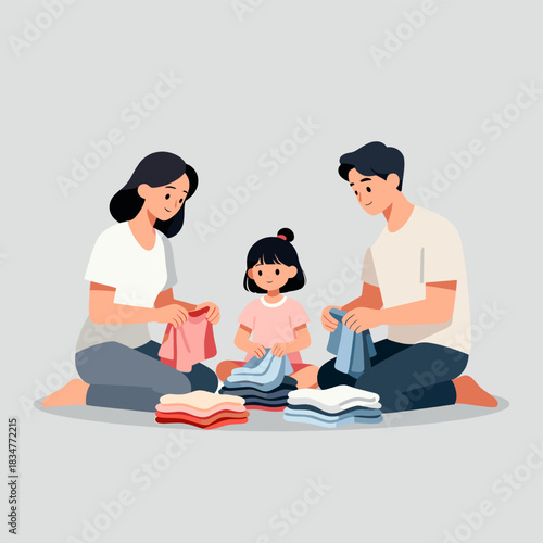 A family of three is engaged in sorting clothes indoors, showing a warm domestic scene.
