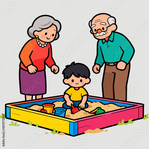 An elderly couple and a child enjoying playing in a sandpit, showing a warm family interaction.
