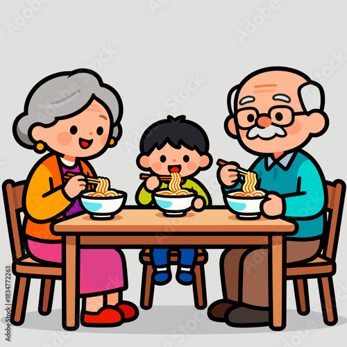 An elderly couple and a child are having a meal together, showing a warm and harmonious family scene.