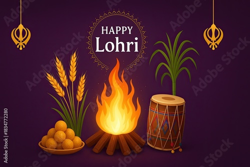 Vibrant Lohri festival celebration illustration featuring bonfire, wheat crops, traditional sweets, sugarcane plants and decorative festive elements on purple background