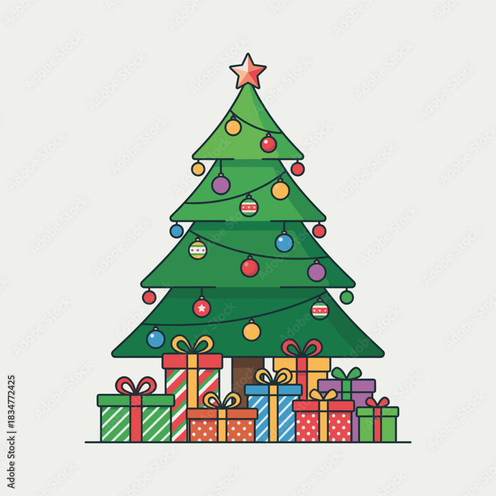 Naklejka premium A vibrant Christmas tree adorned with colorful ornaments and surrounded by various wrapped gifts for the festive season.