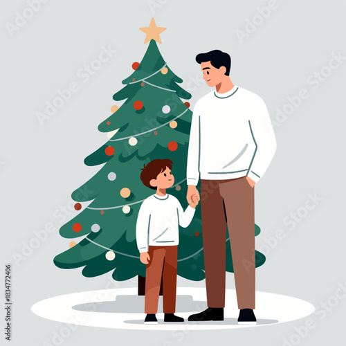 A father and son are standing near a decorated Christmas tree, enjoying a festive moment together.