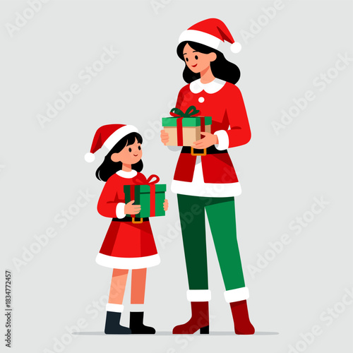 A mother and daughter dressed in Santa Claus costumes are holding Christmas gifts, showing a festive and warm scene.
