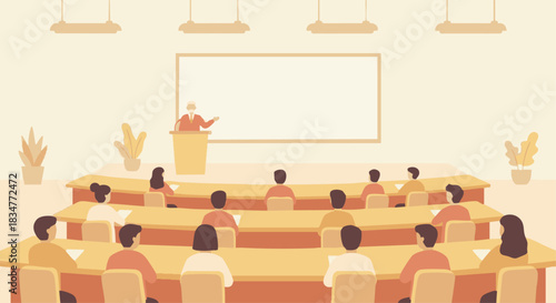 “University lecture hall with students listening to a professor, clean flat design, minimal details, soft warm palette.”