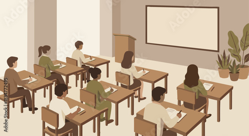 “Students taking notes in a quiet lecture classroom, flat minimal design, warm neutral palette.”