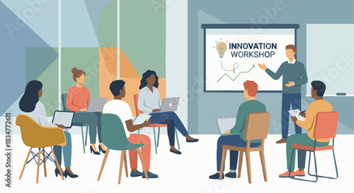 “Flat vector of students attending a seminar or workshop, modern chairs and simple background shapes.”