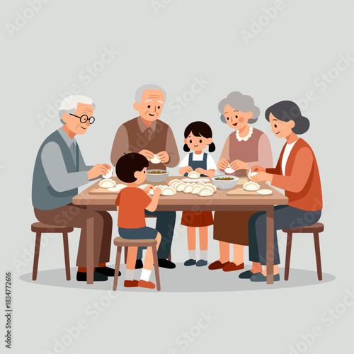 A group of people, including elders and children, are making dumplings together in a warm family gathering.