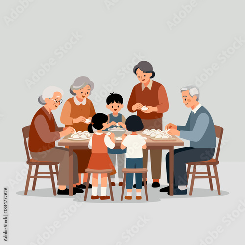 A group of people including elderly and children having a meal together in a cozy indoor setting.
