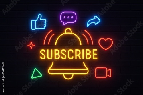 Colorful glowing neon subscribe design featuring bell icon, social interaction symbols, communication elements and vibrant lighting effects on dark background