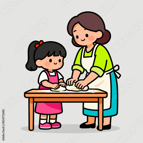 A woman and a little girl are engaged in baking, working together on dough in a kitchen setting.
