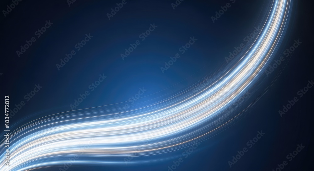 Naklejka premium A blue and white abstract background with curved lines and glowing light streaks.