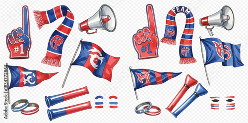 Vibrant collection of red and blue sports fan accessories, including foam fingers, scarves, flags, megaphones, and noisemakers, for game day.