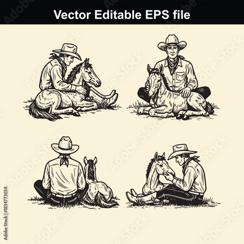 collection of four vintage style vector illustrations depicting cowboys sitting next to and caring for young horses or foals in various poses, perfect for western theme designs