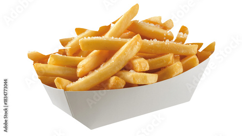 Delicious golden french fries with salt in carton ready to be enjoyed