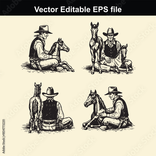 vintage vector illustration set depicting four scenes of cowboys sitting with their horses and foals in a classic western engraving style