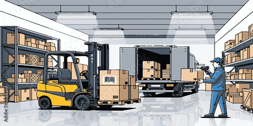 Yellow industrial forklift machine with container for heavy lift transport in a warehouse